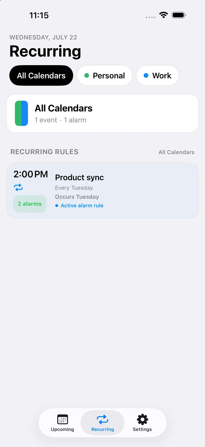 CalendarPunch Recurring screen showing a reusable alarm rule for a recurring event