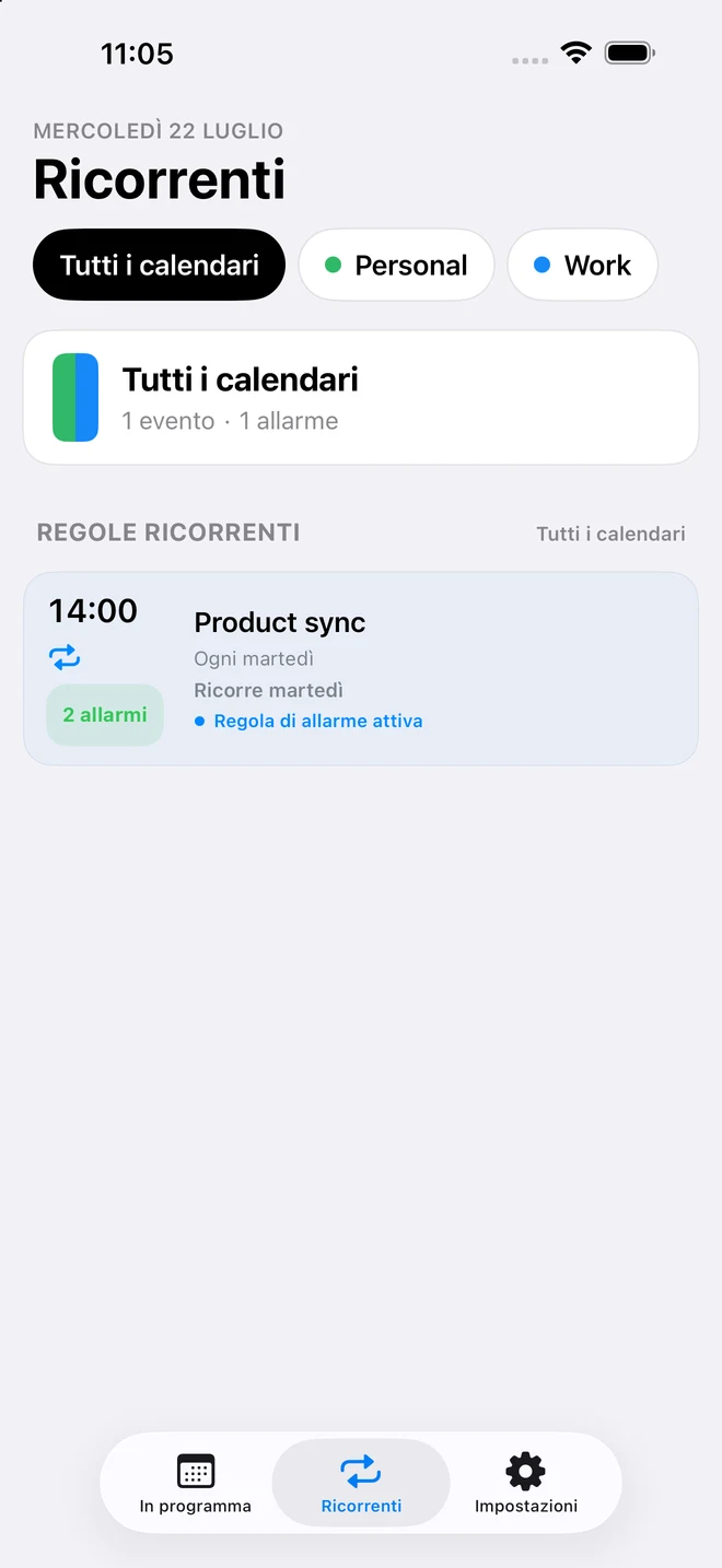 Schermata Ricorrenti di CalendarPunch con una regola di allarme riutilizzabile per un evento ricorrente