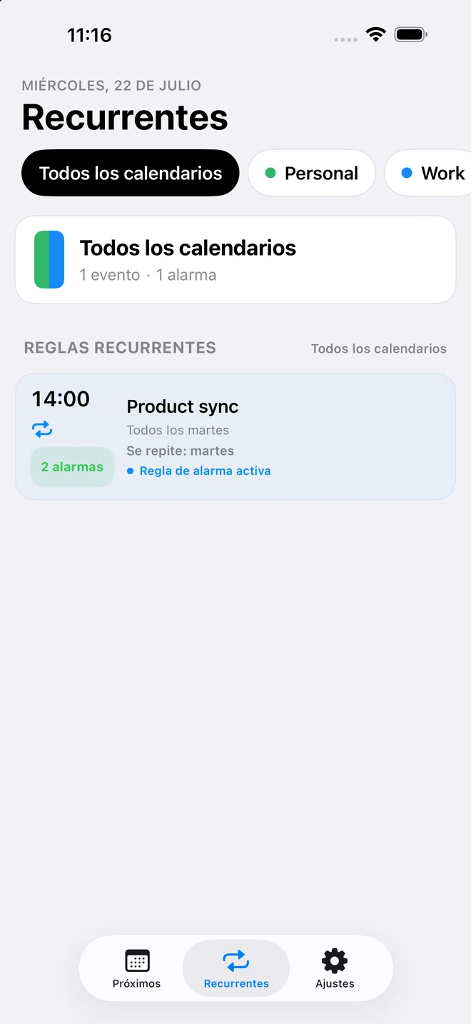Pantalla Recurrentes de CalendarPunch con una regla de alarma reutilizable para un evento recurrente