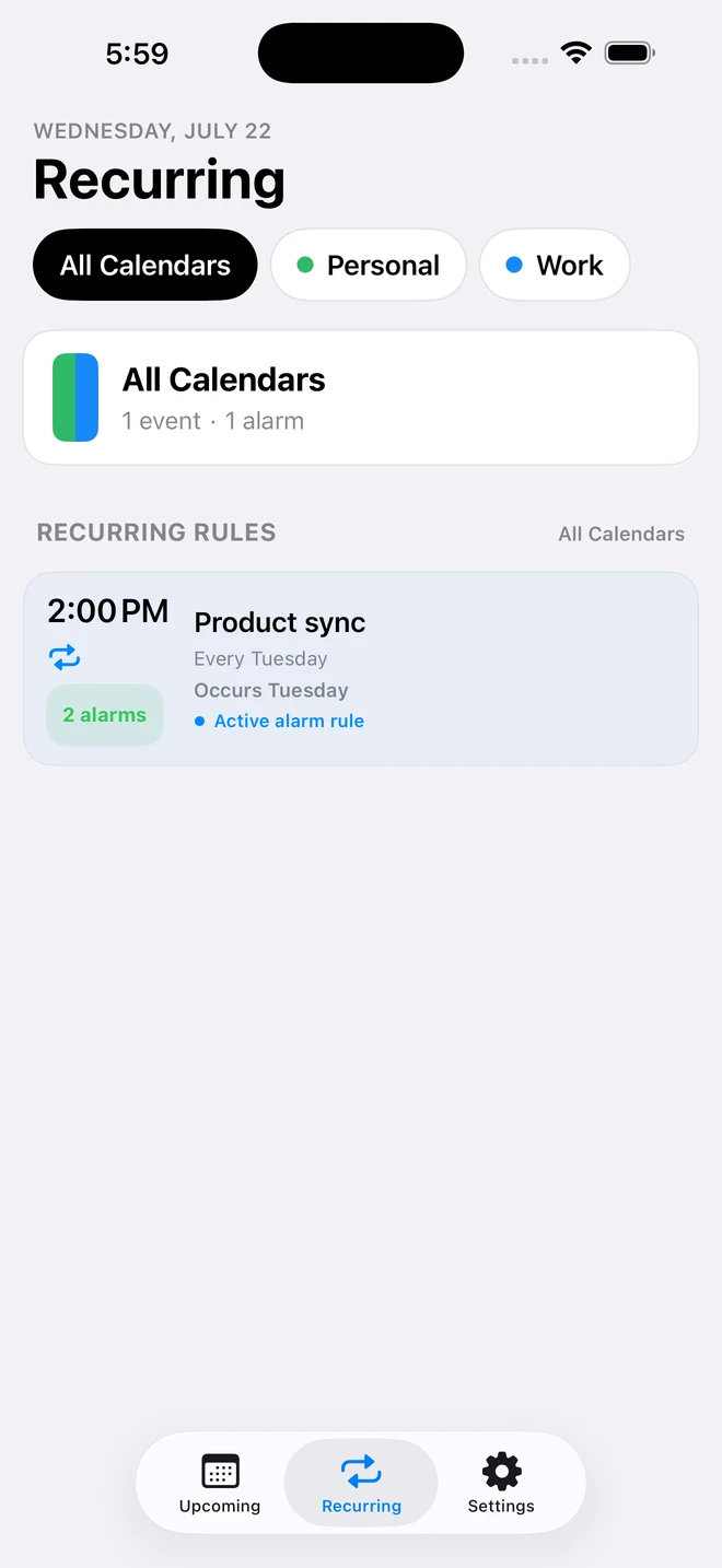 CalendarPunch Recurring screen showing an active alarm rule