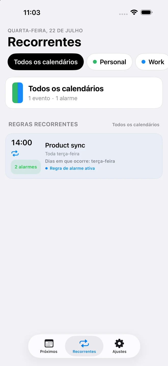 Tela Recorrentes do CalendarPunch com uma regra de alarme reutilizável para um evento recorrente