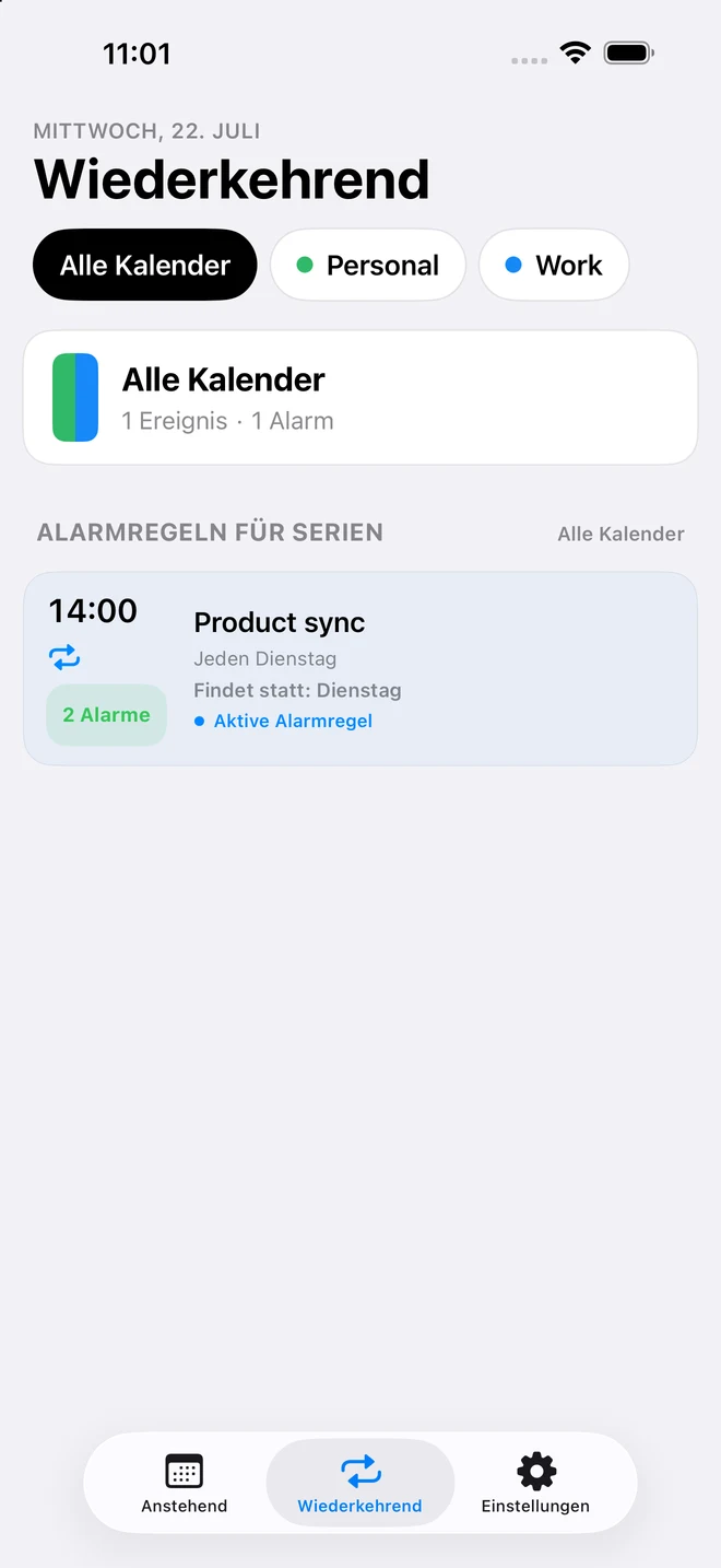 CalendarPunch-Ansicht „Wiederkehrend“ mit einer wiederverwendbaren Alarmregel für ein wiederkehrendes Ereignis