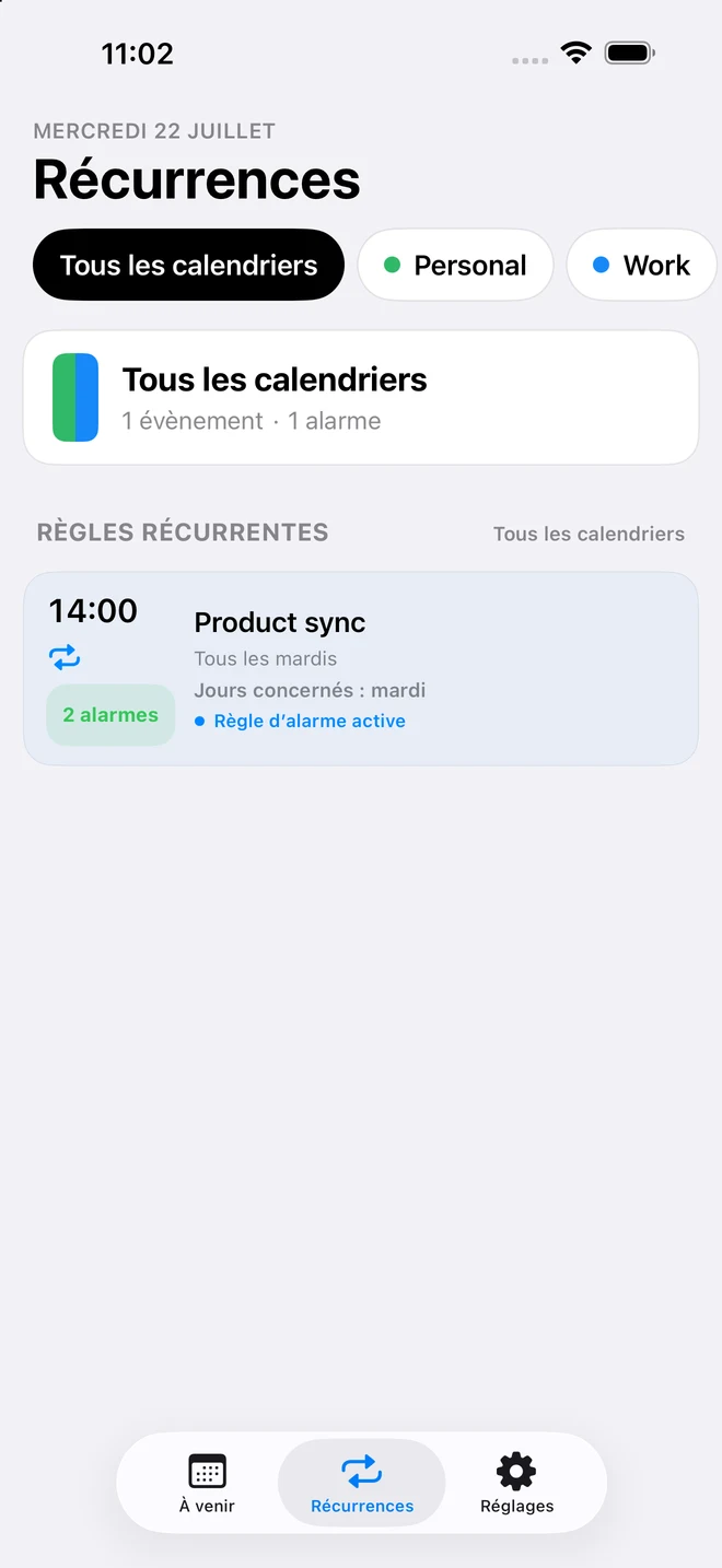 Écran Récurrences de CalendarPunch affichant une règle d’alarme réutilisable pour un évènement récurrent