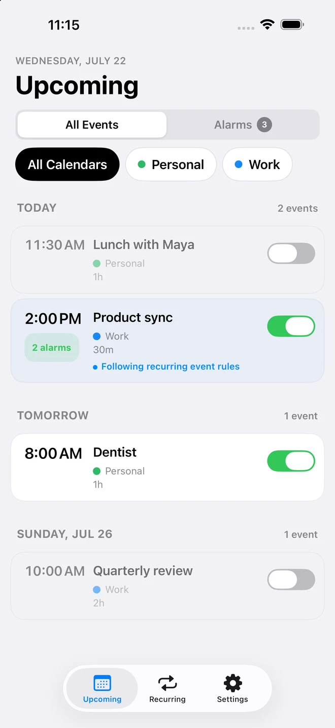 CalendarPunch Upcoming screen with individual alarm controls and a timeline of alarm times