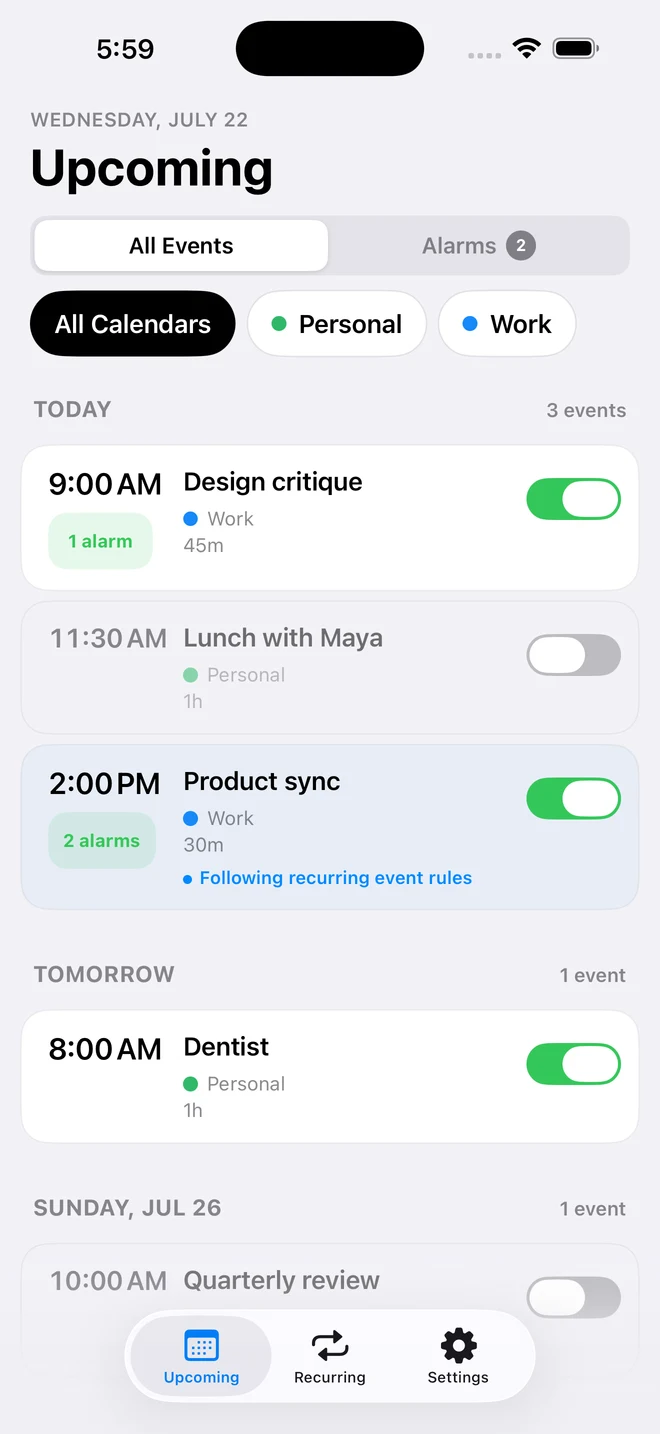CalendarPunch Upcoming screen showing calendar events with alarm controls
