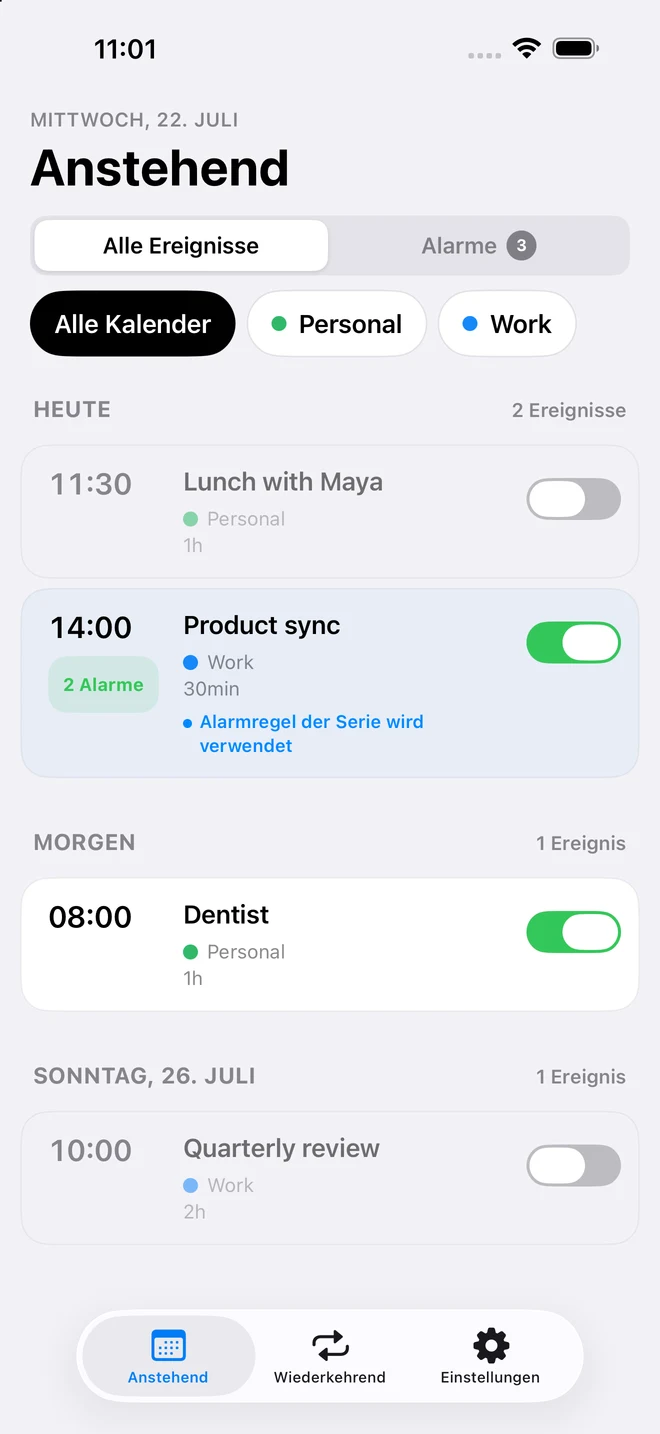 CalendarPunch-Ansicht „Anstehend“ mit Alarmsteuerung für einzelne Ereignisse und einer Zeitleiste der Alarmzeiten