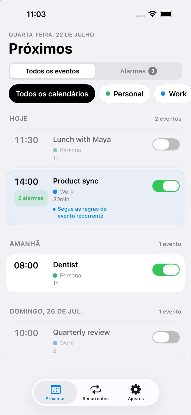 Tela Próximos do CalendarPunch com controles de alarme individuais e uma linha do tempo dos horários de alarme