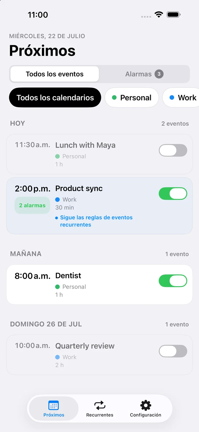 Pantalla Próximos de CalendarPunch con controles de alarma individuales y una cronología de los horarios de alarma