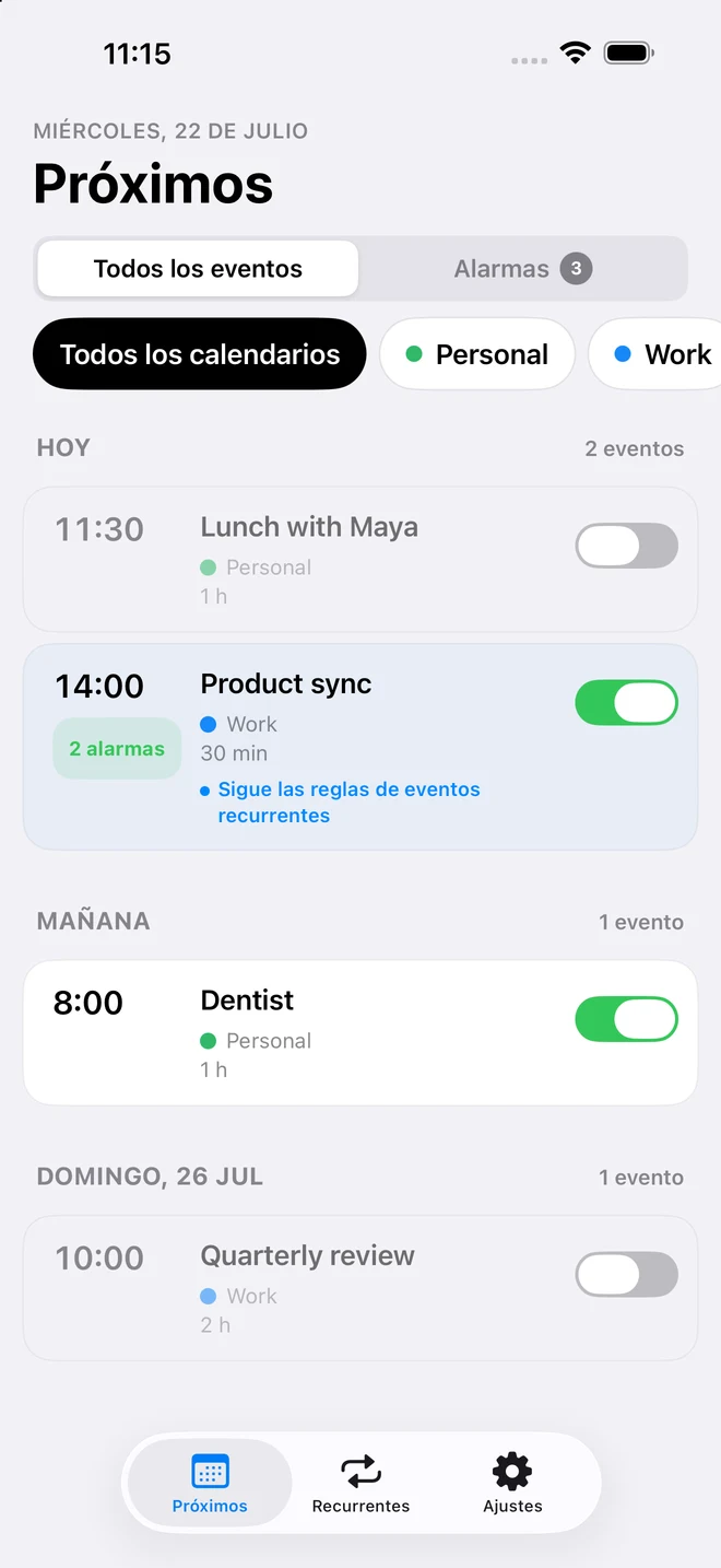 Pantalla Próximos de CalendarPunch con controles de alarma individuales y una cronología de las horas de alarma