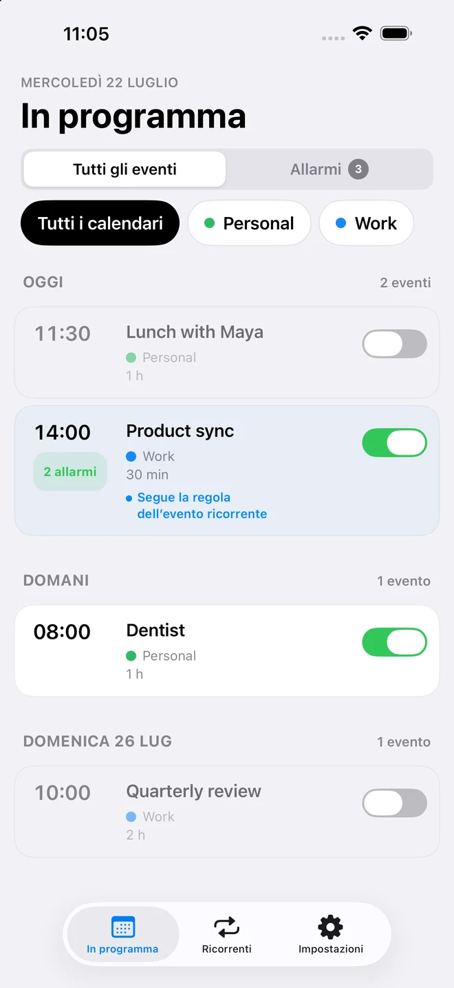 Schermata In programma di CalendarPunch con controlli per gli allarmi individuali e una sequenza temporale degli orari di allarme